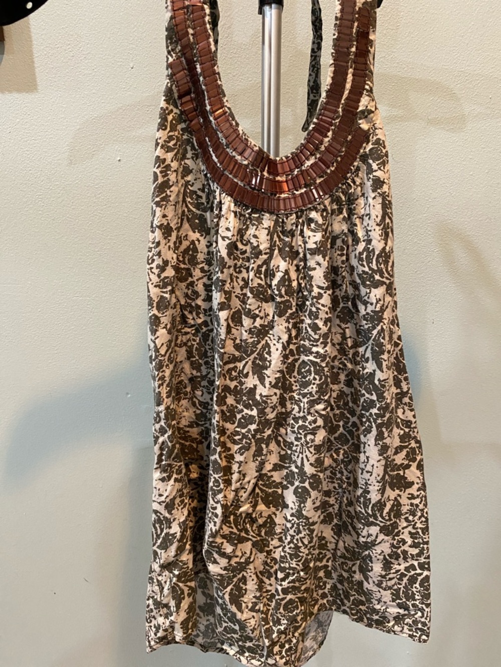 Elle Beaded-Neckline Printed Halter Top - Brown & Cream